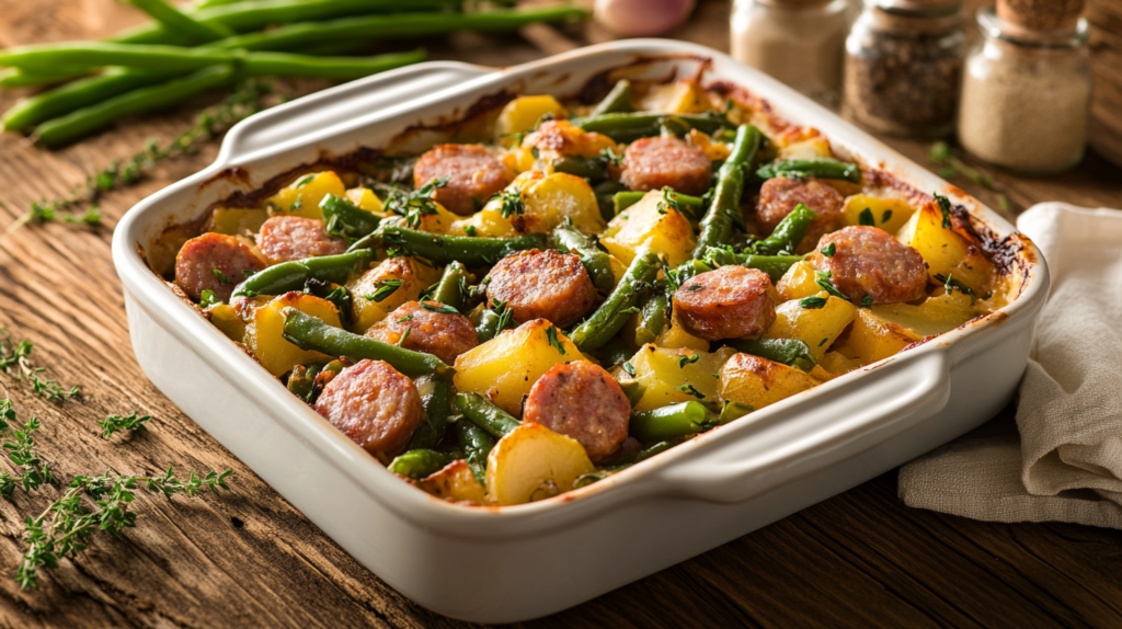 Savory Sausage Green Bean Potato Casserole